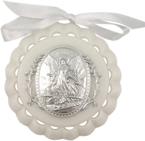 Moulded Acrylic White Crib Medal with Guardian Angel for Baby Nursery Decor,