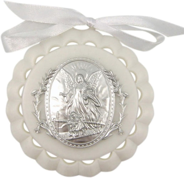 Moulded Acrylic White Crib Medal with Guardian Angel for Baby Nursery Decor,