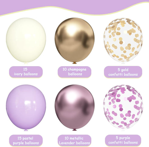 Purple & Gold Balloons - 60pcs 12inch Metallic Lavender & Champagne Balloons with Confetti for Celebrations