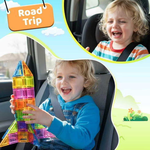 Tiles,78PCS Set 3+,Car Mini Magnetic Travel Magnetic Tiles with Iron Box,Portable Building Blocks for Kids Ages