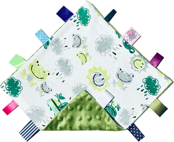 Cute Green Frog Baby Tags Blanket, Soft Toddler Security Blanket with Tags, Ideal Baby Gift