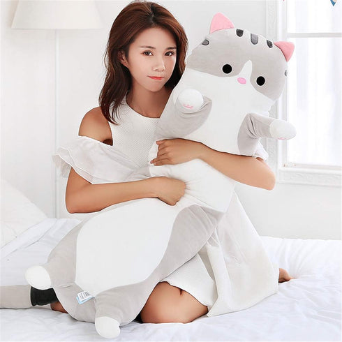 shangman Lovely Plush Cat Doll - Cute Cartoon Soft Stuffed Kitten, Long Throw Pillow Toy Gift for Kids (Grey)