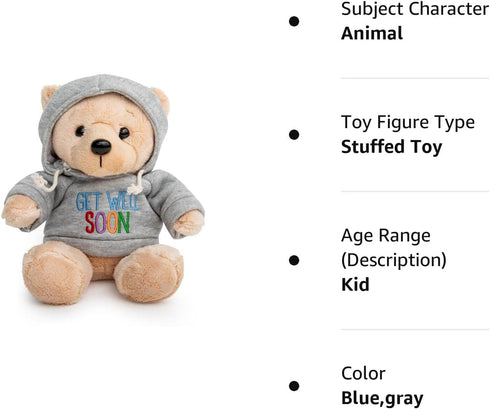Ganz 9" Get Well Soon Teddy Bear - Gray Hoodie Feel Better Gift for Kids & Women