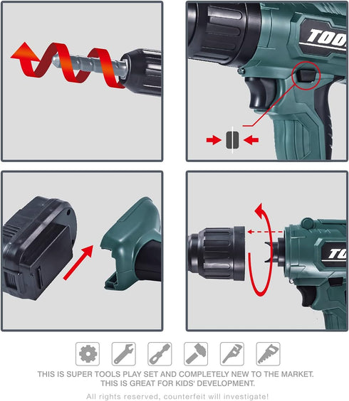 Electronic Power Drill Toy Tools - Kids Tool Set for Pretend Play with Realistic Light, Sound & Action