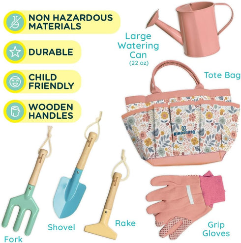 Set, Gardening Tool Kit, for Kids, STEM, Includes Tote Bag, Spade, Watering Can, Rake, Fork, Trowel and Gloves (Petal)