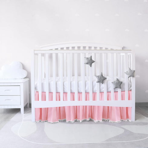 Pink Crib Skirt Pleated with White Pompoms, 14" Drop Bedding Dust Ruffle for Girls, Fade Resistant Machine Wash