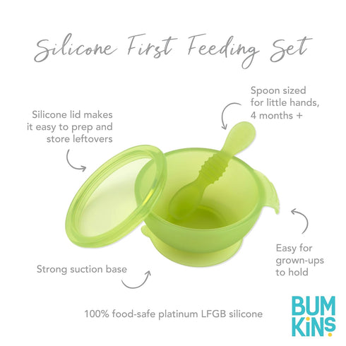 Bumkins Baby Bowl, Silicone Feeding Set with Suction, Includes Spoon and Lid, First Feeding Set, Green Jelly for Baby