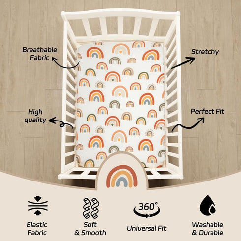 Jola's House 4 Pack Crib Sheets Boho Nursery Sheets Sunshine and Rainbow Desdign Neutral Unisex Fitted Baby Standard