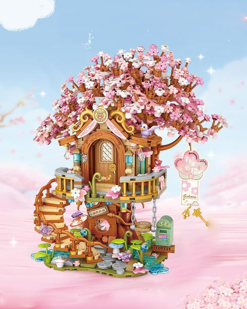 Set, 1149 (1381) Japanese Sakura Tree House Building Blocks Pink Cherry Tree Bonsai Creative Architecture, Home Decor