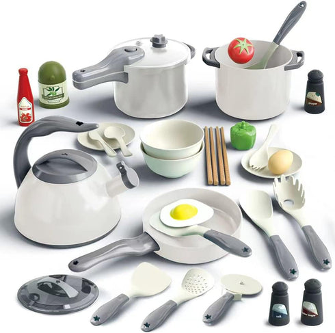Bruvoalon 32Pcs Kids Play Kitchen Toys Set, Pretend Cooking Accessories with Pots, Pans, and Utensils