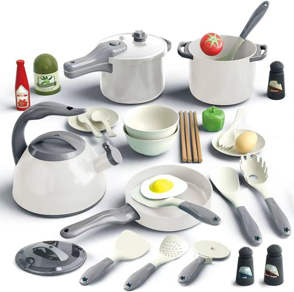 Bruvoalon 32Pcs Kids Play Kitchen Toys Set, Pretend Cooking Accessories with Pots, Pans, and Utensils