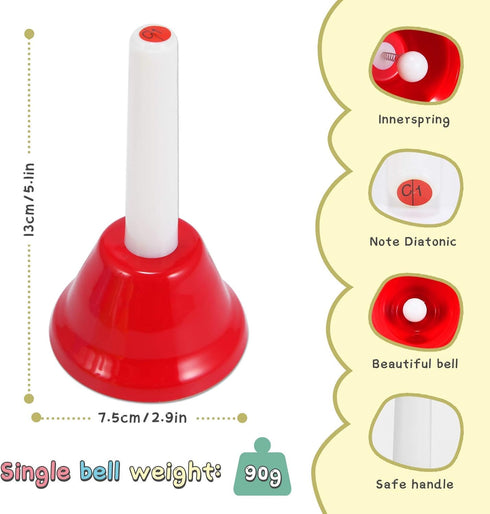 Hand Bells - 8 Note Musical Handbells Set with 10 Songbook, Percussion Instrument for Toddlers and Children