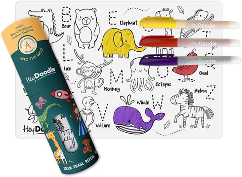 HeyDoodle Into The Wild Mini Reusable Silicone Alphabet Coloring Mat for Toddlers