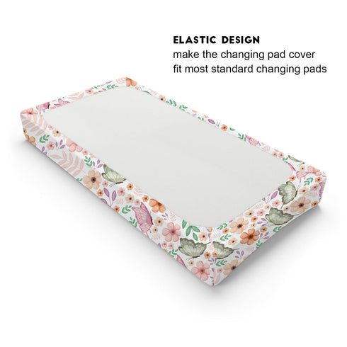 Colorful Flowers Leaves Butterflies Changing Pad Covers for Boy Girl, 32''x16'' Spring Boho Floral Unisex Fitted Mats