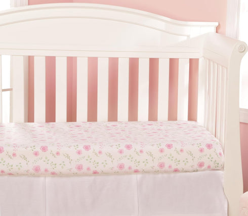EVERYDAY KIDS 2 Pack Fitted Girls Crib Sheet 28in x 52in - 100% Soft Breathable Microfiber, White and Pink with Flowers