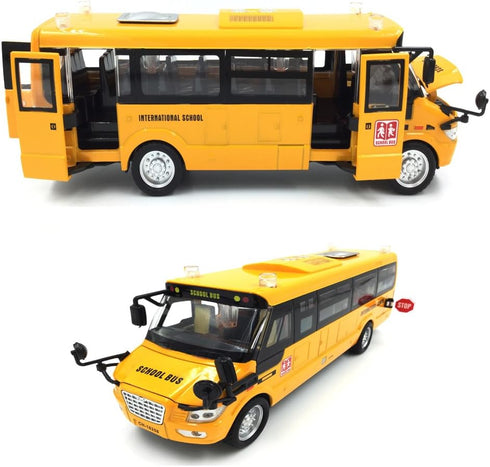 9" Pull Back School Bus,Light Up & Sounds Die-cast Metal Toy Vehicles with Bright Yellow and Openable Doors