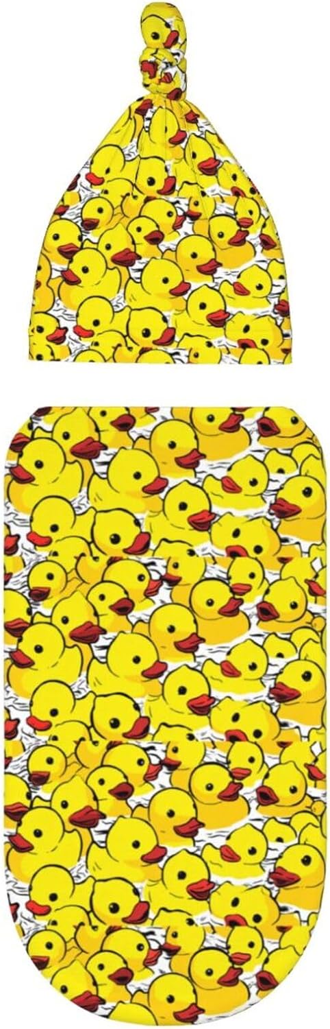 Nanyizly Set 0-6m Yellow Rubber Cute Duck Newborns Beanie Swaddle Blanket Baby Receiving Blankets for Infant Boy Girl