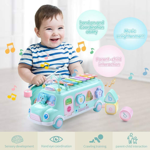 5-in-1 1 6-12-18 1st Hammer Baby School Bus Xylophone Toys for Year Old Girl Gifts, Educational Baby Toy Month