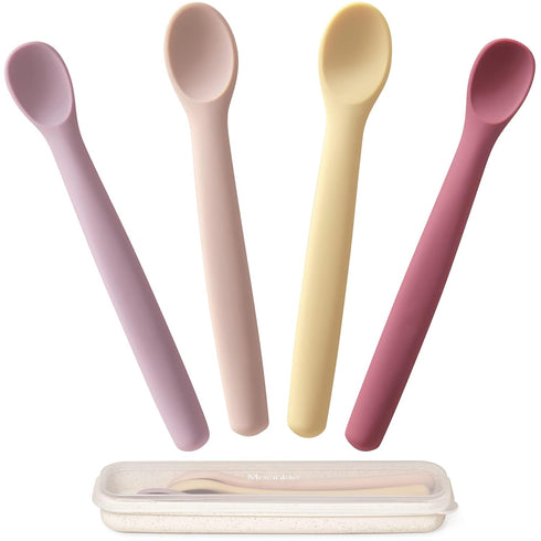 Moonkie Silicone Baby Spoons Set of 4, Two Sizes for 4+ Months, Toddler Led Weaning Spoons with Case, Bendable
