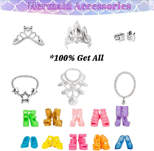 Glitter Sequin Mermaid Doll Clothes & Accessories - 12 Sparkly Glitter Party Dress, Crowns, Necklaces & Shoes