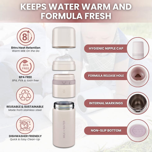 9oz 6+ MILK & WATER All in One Baby Bottle & Baby Formula Dispenser On the Go, - Keeps Water Warm & Formula Fresh