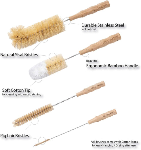 Hello Nature 4 Set Pcs Bamboo Bottle Brush by Long Handle Cleaning Brushes for Water Bottles, Baby Bottles & Glassware