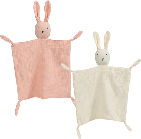 insular Bunny Lovey Blanket for Boys and Girls, Organic Cotton Muslin Security Blanket, 2 Pcs Set (Beige&Pink)