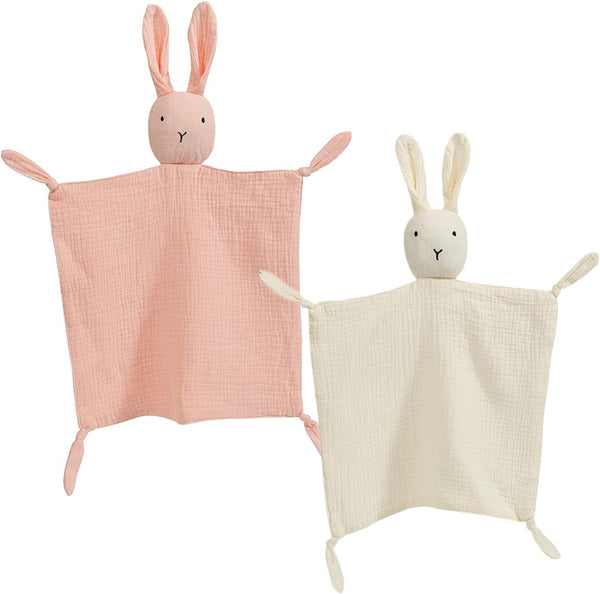 insular Bunny Lovey Blanket for Boys and Girls, Organic Cotton Muslin Security Blanket, 2 Pcs Set (Beige&Pink)