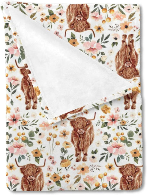 Highland Cow Floral Boho Retro Baby Blanket, Girls Gift, Western Farm Animal Yak Flower Flannel Fleece 30 x 40