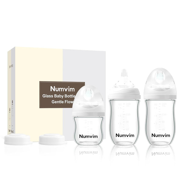Glass Baby Bottles Gentle Slow Flow, Newborn Breastfeeding Bottle with Anti-Colic Nipple, 3 Packs (White, 3oz+5oz)