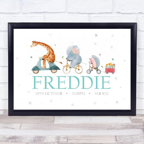 The Card Zoo Birth Details Nursery Christening New Baby Animals Bike Keepsake Gift Print