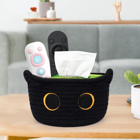 Small Black Cat Cotton Rope Storage Basket - Woven Organizer with Ears for Nursery, Baby Toy Storage, 8.5×4.5 inches