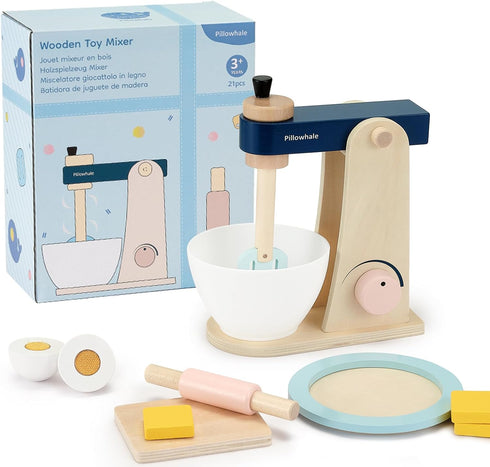 3+ 21pcs Set Pillowhale Wooden Kitchen Toys Mixer for Toddlers Age - Montessori Pretend Play Baking with Bowl & Rolling