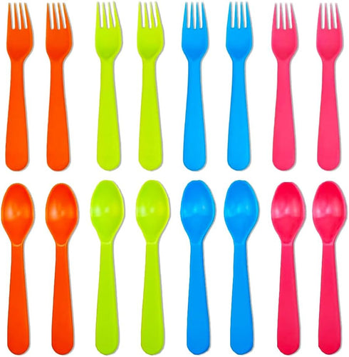 16 Pcs Kids Utensils Set - Reusable Plastic Forks and Spoons, Durable Toddler Silverware Cutlery for Lunch Box, BPA Free