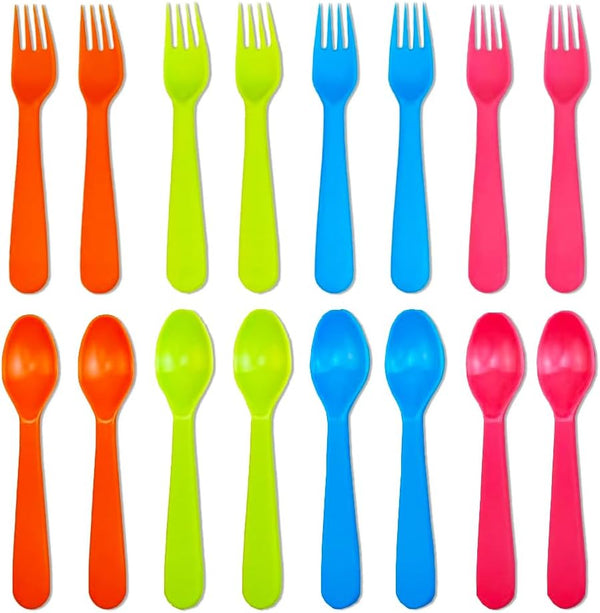 16 Pcs Kids Plastic Utensils - Reusable Toddler Feeding Utensils with 8 Forks and 8 Spoons, BPA Free
