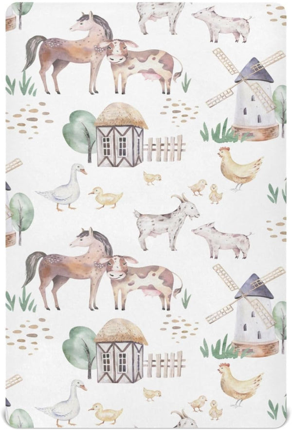 CHUROUSY Farm Animals Baby Crib Sheets Cute Horse Cow Lamb Chicken Pig Hen