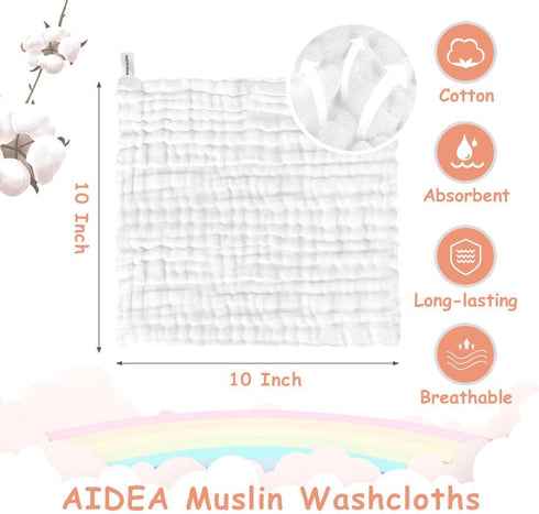 White-10 Pack, 10"x10" AIDEA Baby Washcloths and Burp Cloths, Absorbent Cotton Muslin Baby Towels, Large Soft