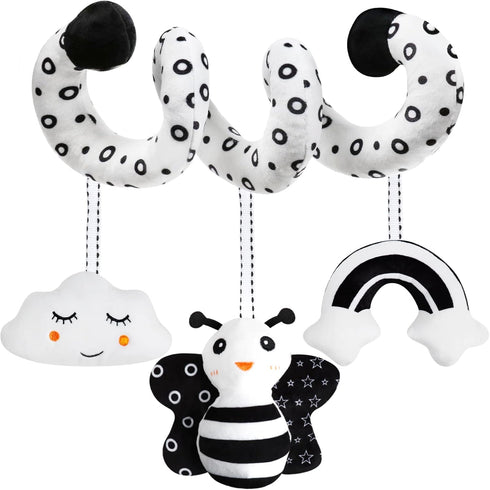 Baby Spiral Hanging Stroller and Car Seat Toys, Black and White High Contrast Sensory Toy for Newborns, Plush Activity