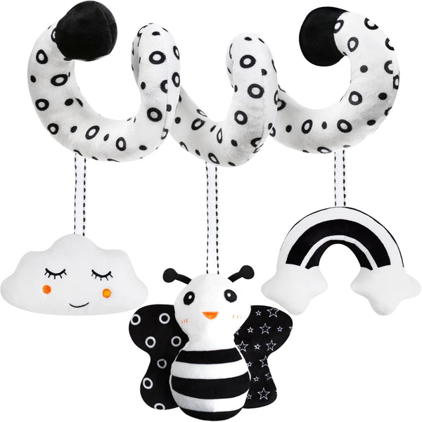Baby Spiral Hanging Stroller and Car Seat Toys, Black and White High Contrast Sensory Toy for Newborns, Plush Activity