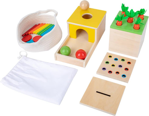 Adena Montessori 4 in 1 Wooden Play Kit for Kids 1-3, Object Permanence Box, Color Drop Game, Ball Drop Toy