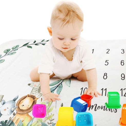 Baby Monthly Milestone Blanket Boy - Personalized Jungle Animals Newborn Month Blanket, 51''x40'' Nursery Decor