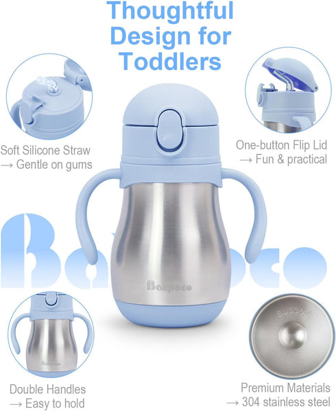 1-3 8oz Bakpoco Stainless Steel Straw Sippy Cup for Toddlers Years Old, Insulated Toddler Water Bottle Baby Training