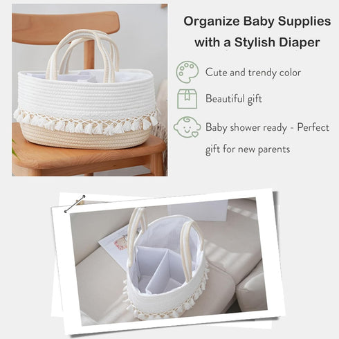 SHEKAKO Baby Diaper Caddy Organizer, Rope Tassel Nursery Storage Bin Basket, Portable Holder Tote Bag for Girl Boy