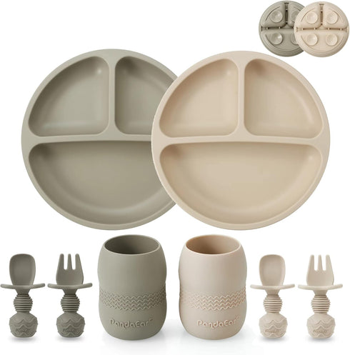 PandaEar Silicone Baby Feeding Set, 2 Pack Suction Plate and Tiny Cup with 2 Spoons & 2 Forks for Baby Led Weaning