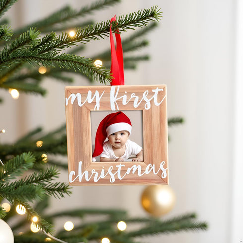 Pearhead Baby’s First Christmas Wooden Picture Frame Ornament, Rustic Keepsake Photo Holiday Gift for New Parents
