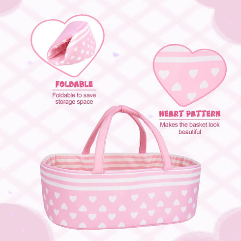 7 Set 17-22 Inch Aori Pcs Reborn Baby Dolls Clothes with Pink Bassinet for Baby Doll, Carrier Bed and Baby Doll Clothes