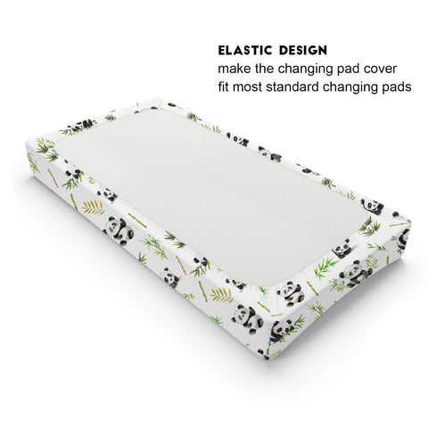 Watercolor Panda Changing Pad Cover, Green Leaves Baby Changing Table Sheets for Boy Girl 32''x16''