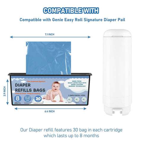 Fununcat 30 8 7-Layer 2 Packs (60 Diaper Pail Refills Bags with Bags Compatible with Genie Easy Roll Signature Diaper