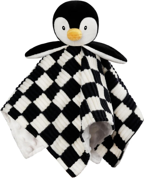 Baby Lovey Blanket for Boys Girls, Super Soft Checkerboard Gingham with Minky Dot Backing, Penguin Stuffed Animal (14