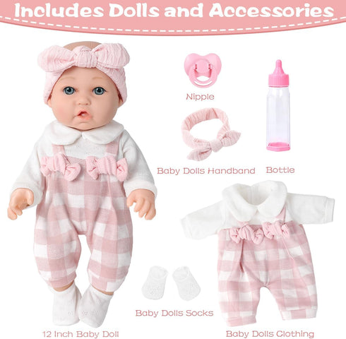 BDDOLL 12'' Playset 36 Baby Doll and Clothes Accessories with Feeding Bottle Pacifier First Baby Dolls for Toddlers